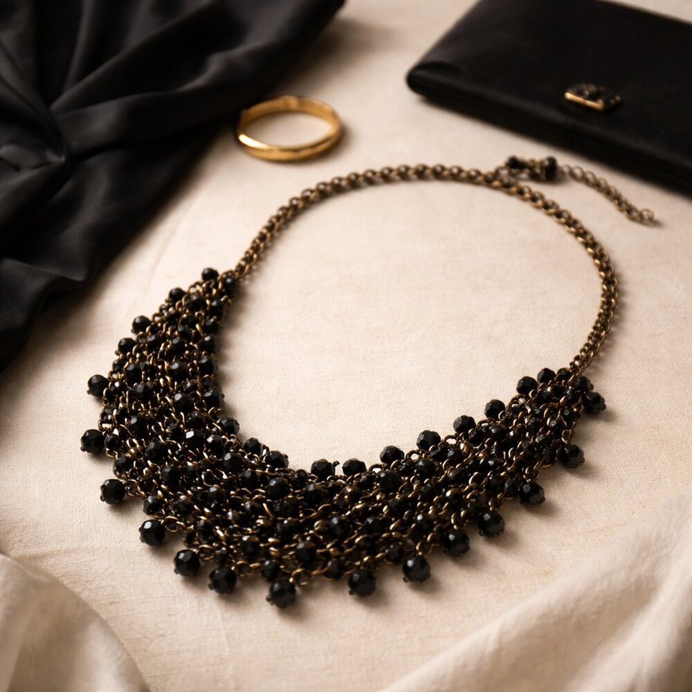 ✨ Vintage Chico’s Black Beaded Statement Necklace